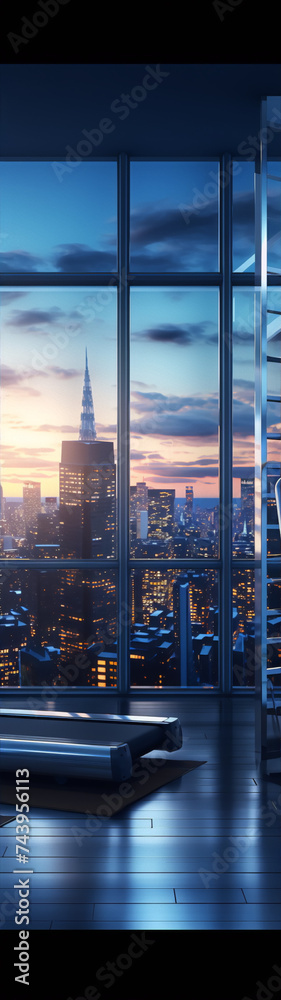 Obraz premium Cityscape at dusk from a modern home with large windows and a treadmill in the foreground.