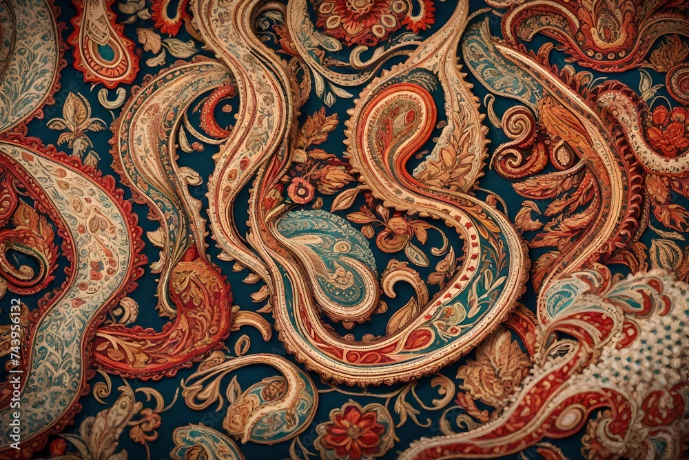 A close-up shot of a vintage paisley patterned wallpaper, showcasing intricate and vibrant details.