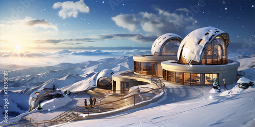 Futuristic mountain observatory with large windows and snowy landscape photo