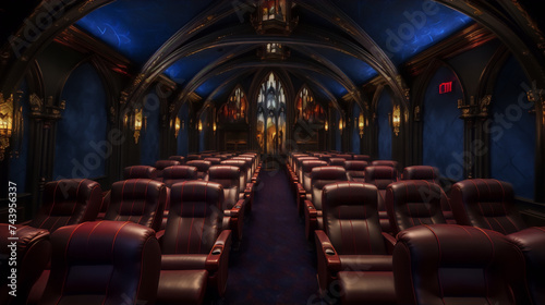 A home theater with red leather seats and a blue and gold ornate ceiling. © sakina