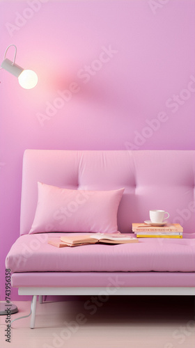 Pink pastel living room interior with sofa  books  cup and lamp.