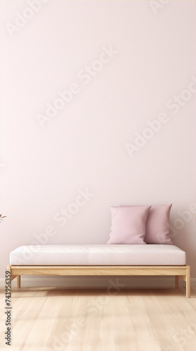 Minimalistic interior with pink pillows on a wooden bed in front of a pink wall