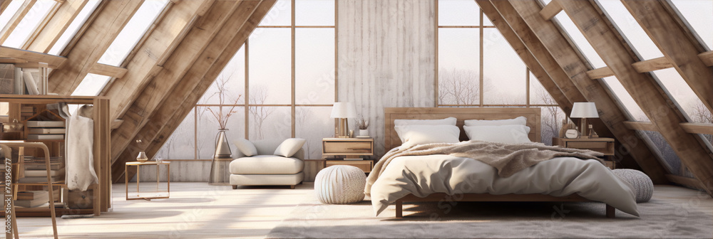 A bedroom in a wooden house with a large bed, a sofa, and a coffee table. The room is decorated in a modern style with neutral colors and natural materials. A bedroom in a wooden house with a large bed, a sofa, and a coffee table. The room is decorated in a modern style with neutral colors and natural materials.