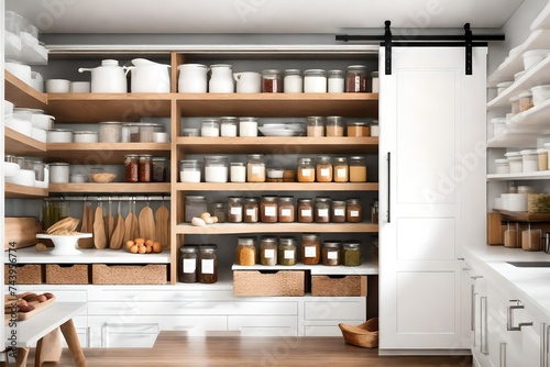 A modern pantry with open shelving, labeled containers, and a sliding barn door