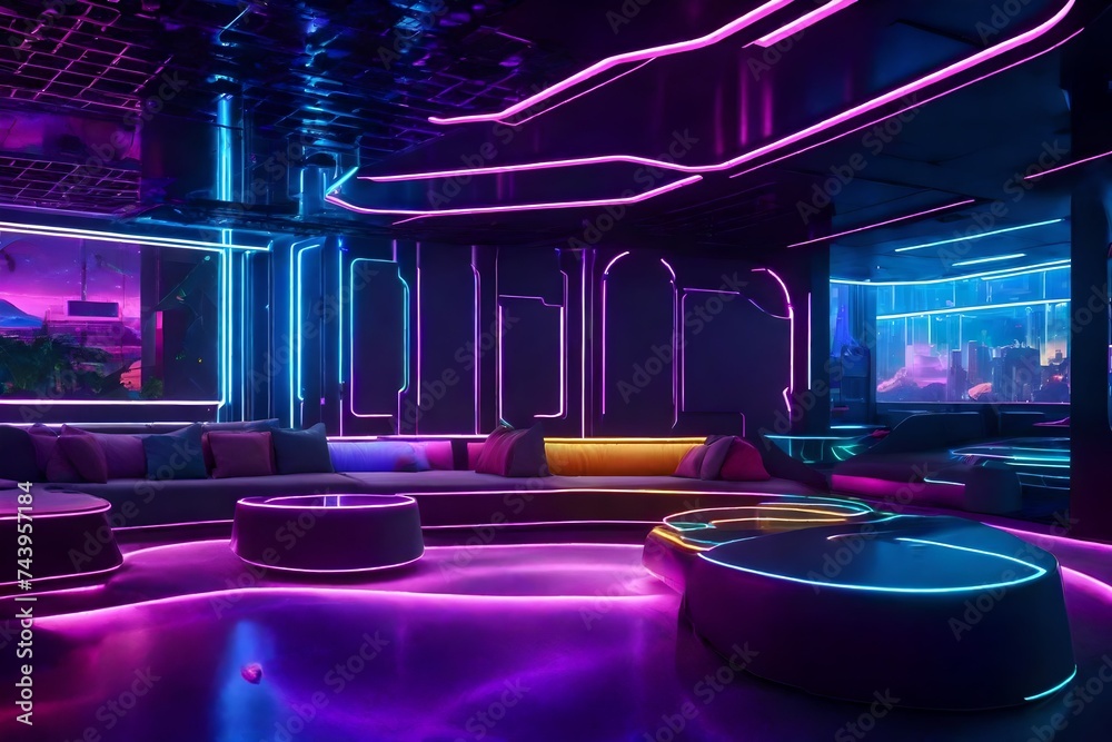 Futuristic kids' lounge with holographic decor, interactive learning gadgets, and a tech-savvy play zone for young innovators.