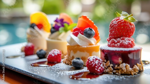 Assorted Gourmet Desserts Elegantly Presented on a Marble Surface