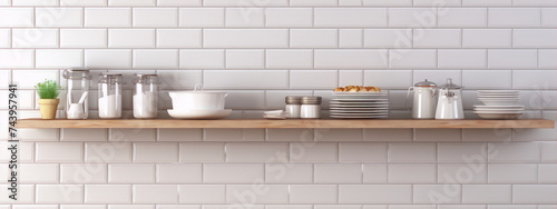 A minimalist kitchen shelf with a variety of kitchenware in white and neutral colors.