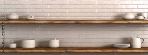 Two wooden shelves on a white brick wall with a variety of ceramic kitchenware.