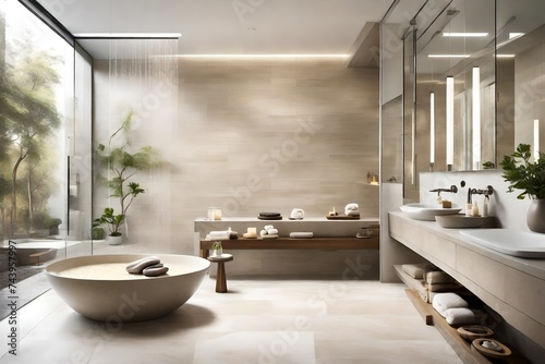 Serene spa-inspired bathroom featuring a rain shower  natural stone tiles  and calming neutral tones