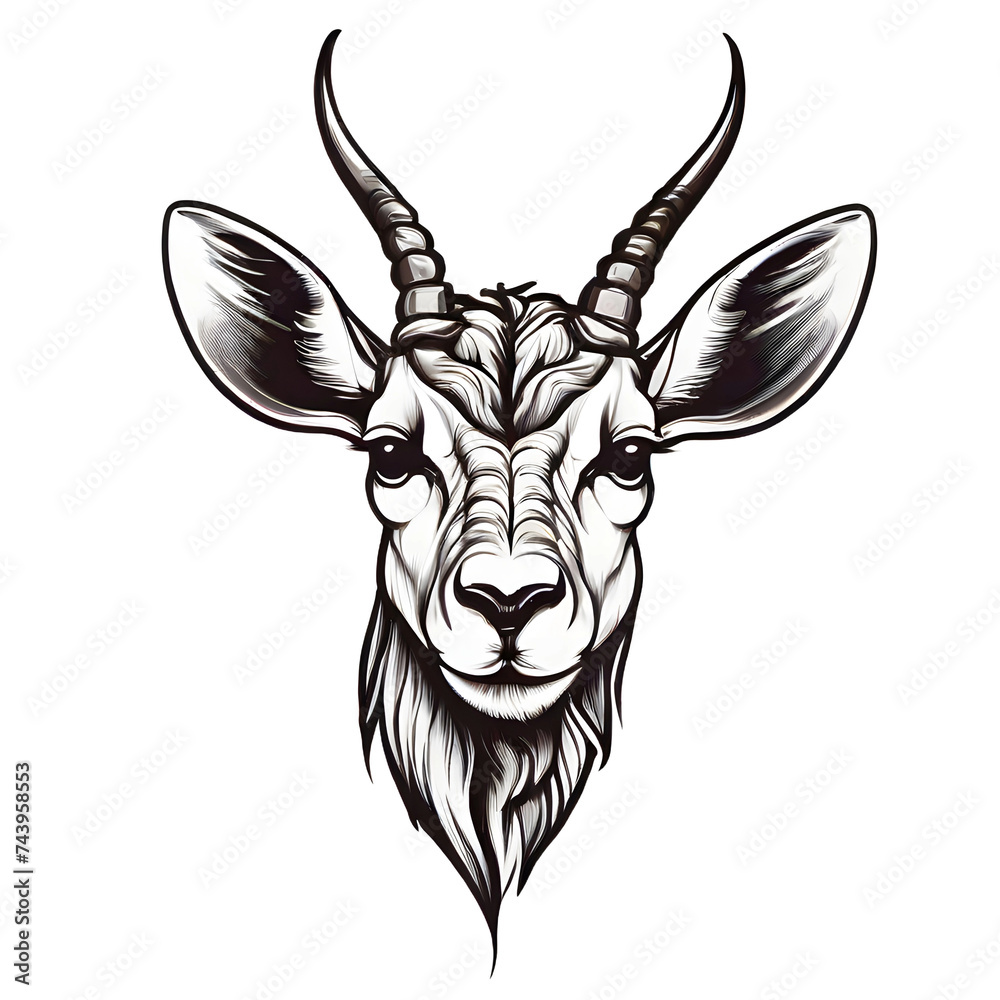 Naklejka premium Antelope face for logo isolated on white background. Line art vector of springbok head. Gazelle head. Wild animal. Perfect for tshirt design, logo or decoration. Cow, deer head vector icon logo 