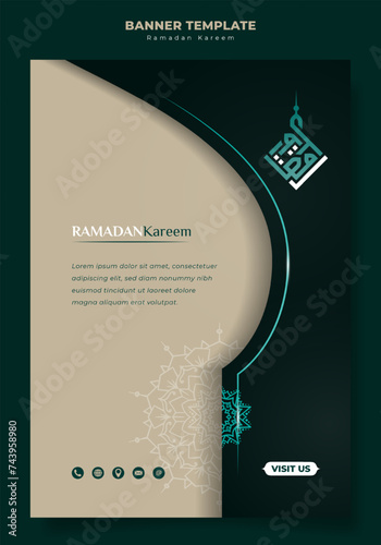 Ramadan banner in portrait design with tan and green background. Arabic text mean is ramadan kareem. islamic background with mandala and arabic kufi design for ramadan campaign.