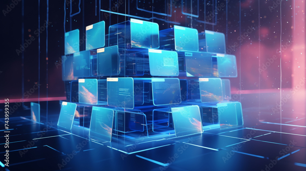 Abstract network grid with files and folders, futuristic software interface, digital document management system, store, search and organize documents, corporate business, paperless office