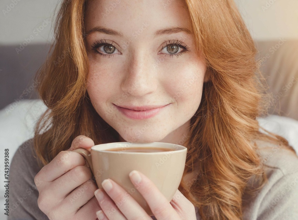Redhead young girl having cup of coffee in bed on the morning. Breakfast at home. Smiling face closeup portrait. Redhead young girl having cup of coffee in bed on the morning. Breakfast at home. Smiling face closeup portrait.
