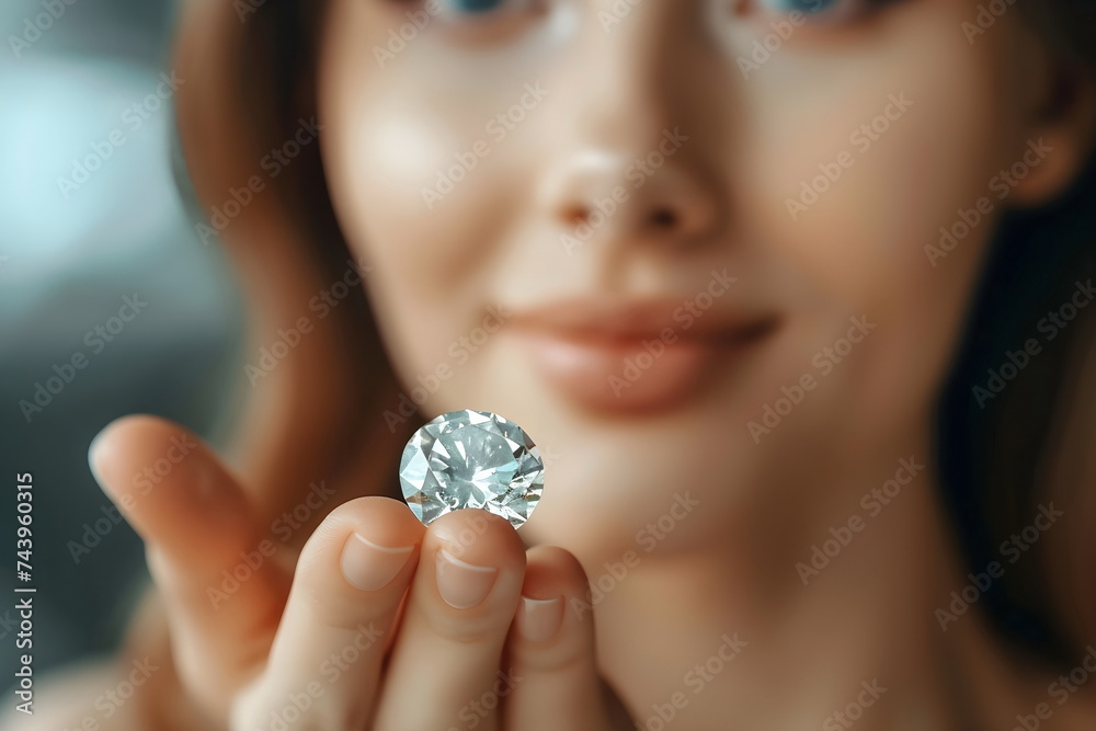 Closeup of a young woman holding a stone of diamond in her hand Closeup of a young woman holding a stone of diamond in her hand
