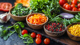 Assorted Fresh Vegetables and Herbs on Rustic Table.
Colourful display of fresh vegetables and herbs in wooden bowls on a rustic table.