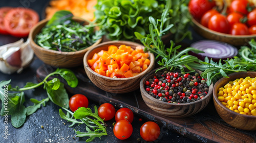 Assorted Fresh Vegetables and Herbs on Rustic Table. Colourful display of fresh vegetables and herbs in wooden bowls on a rustic table.