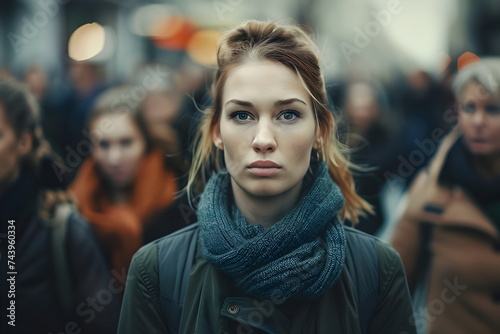 Portrait of a woman in the middle of a crowd at the city center