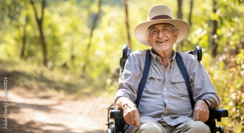 .The elderly uncle happily wearing a hat, sitting on a wheelchair, sharing a hiking adventure on a beautiful and wheelchair-accessible nature trail.