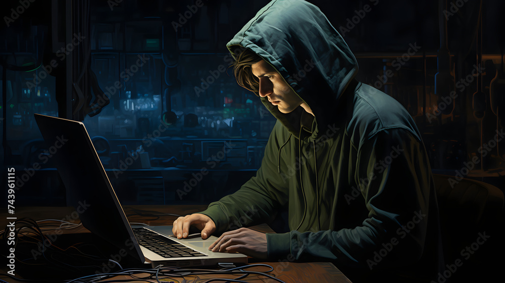 a man sitting with a hood on his computer working in a data center