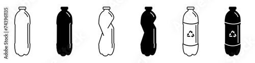 Plastic bottle vector icon set. Water container with recycling symbol. Crumpled plastic bottle vector. Pet bottle vector.