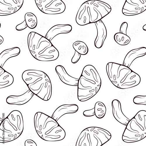 Seamless pattern with edible mushrooms Shiitake in line art style. Design for wrapping paper, wallpaper, textiles, menu. Vector illustration on a white background.