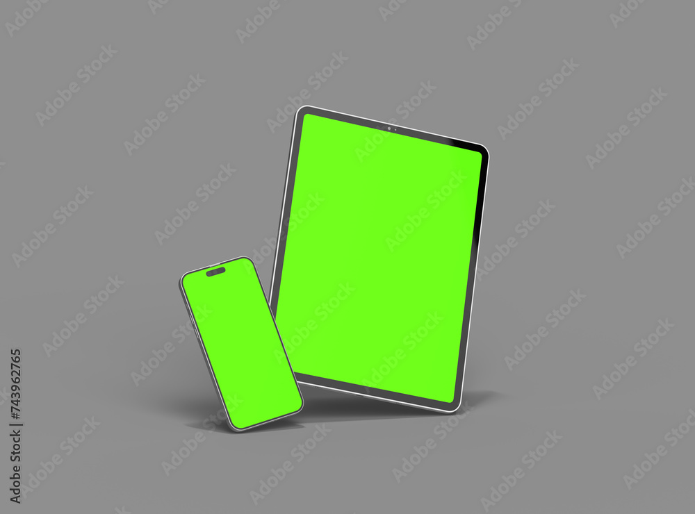 3d render of smartphone and tablet with a green screen on a dark background 3d render of smartphone and tablet with a green screen on a dark background