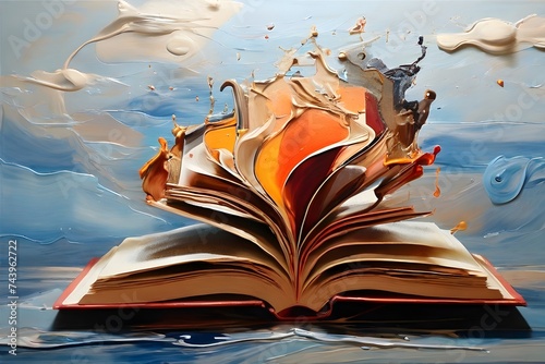 Oil painting of open book on canvas. Realistic book art, literary themed painting, hand-painted book, book lover's décor, art exhibition. International Artist Day October 25, World Art Day April 15