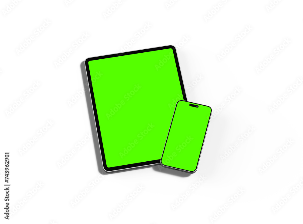3d render of smartphone and tablet with a green screen on a light background 3d render of smartphone and tablet with a green screen on a light background