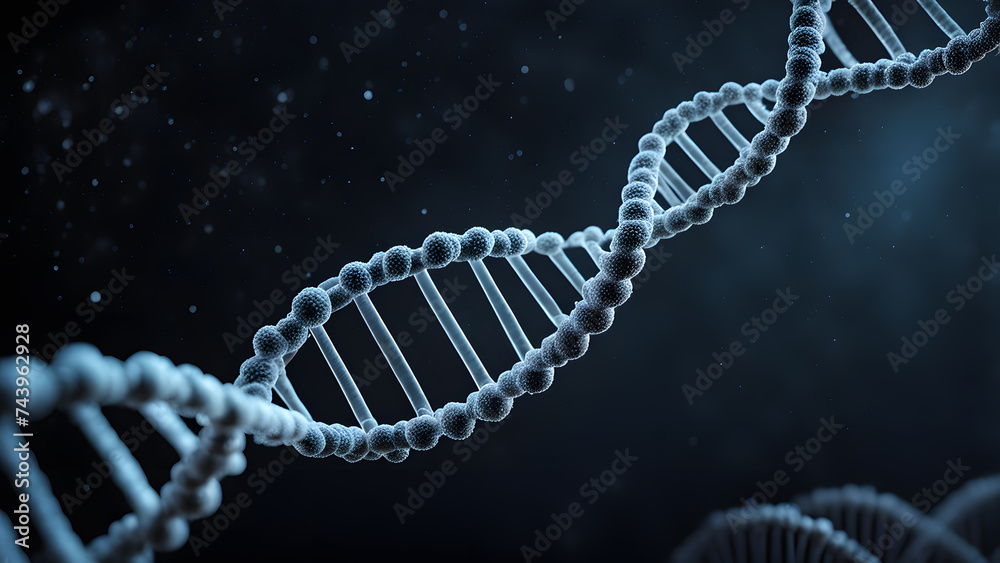 Vibrant 3D Genetic DNA Helix Against Dark Background. Showcasing Medical Science Advancements in Genetic Biotechnology, Chemistry Biology, and Innovation Technology