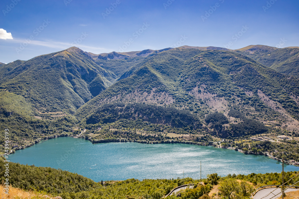 The enchanting Lake Scanno, seen from above, with its characteristic heart shape. In Abruzzo, in the province of L'Aquila, located between the Marsican Mountains.