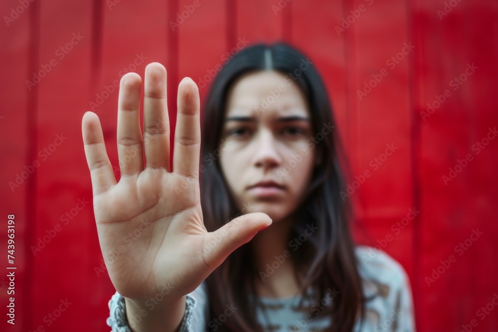 Mujer con mano extendida en señal de alto - obrazy, fototapety, plakaty 