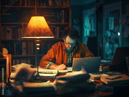 A small business owner working late at night in their home office, surrounded by paperwork and a laptop