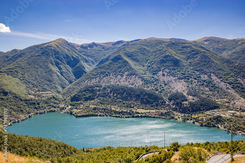 The enchanting Lake Scanno, seen from above, with its characteristic heart shape. In Abruzzo, in the province of L'Aquila, located between the Marsican Mountains. photo