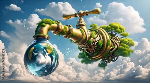 Eco-Futurism Visualized: Majestic Brass Faucet Pouring Earth into the Sky Amidst Lush Greenery and Boundless Clouds - A Metaphor for Sustainability and Environmental Harmony.