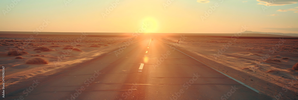 A sun-kissed desert highway stretching into the horizon, inviting travelers to embark on a journey of endless possibilities and newfound freedom - obrazy, fototapety, plakaty 
