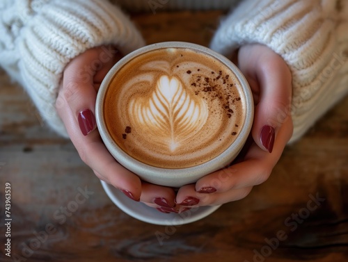 Close-up of hands holding a freshly brewed cup of coffee in a small independent caf�