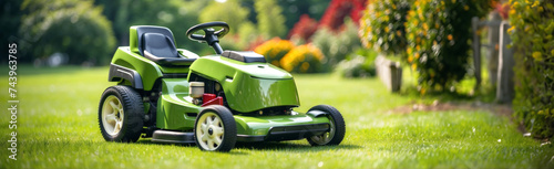 A lawn mower for cutting green grass in a modern garden.