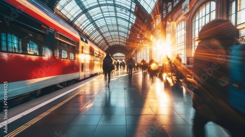 train station with traveler or people walking in blurred motion in train station space photo