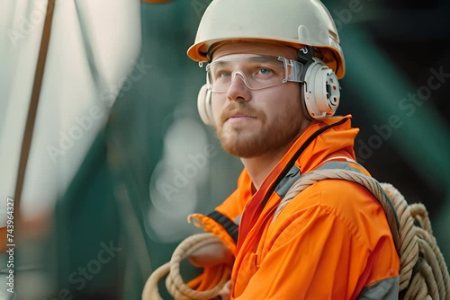 Safety First: Experienced Construction Worker in High Visibility Gear with Protective Equipment on Industrial Site.