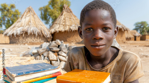 A poor african kid happy with a few books