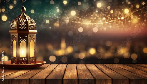 Empty wooden table with ramadan kareem or eid mubarak bokeh background. Template mock up. Lantern, lights, Magical.