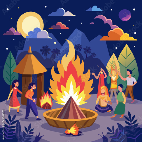 Holika Dahana holi festival fire with illustration