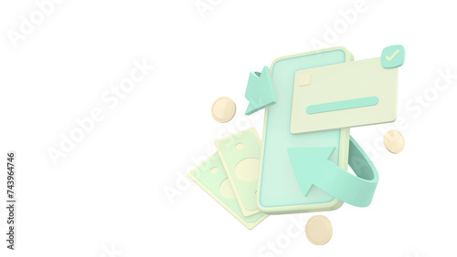 Set objects. card coin and papers money and smartphone business idea safety money  arrow 3d rendering