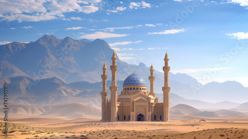 a mosque in a desert landscape, with blue sky and the mountains in the distance. ramadan kareem holiday celebration concept photo