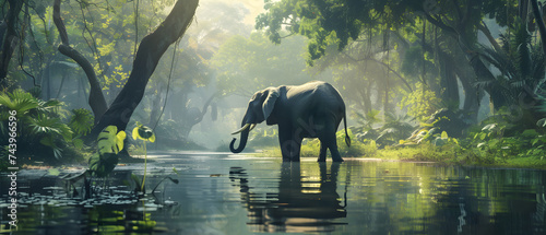 Elephant in the jungle, Sri Lanka. Panoramic image