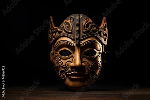 Vintage old wooden mask with theatre lights isolated on black background. Ancient civilizations crafted ornate masks as spirituality, tradition symbols of disguise. Ancient element for logo, poster