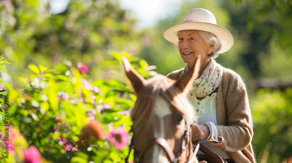 Elderly woman smiling contentedly as she enjoys a leisurely horseback ride 