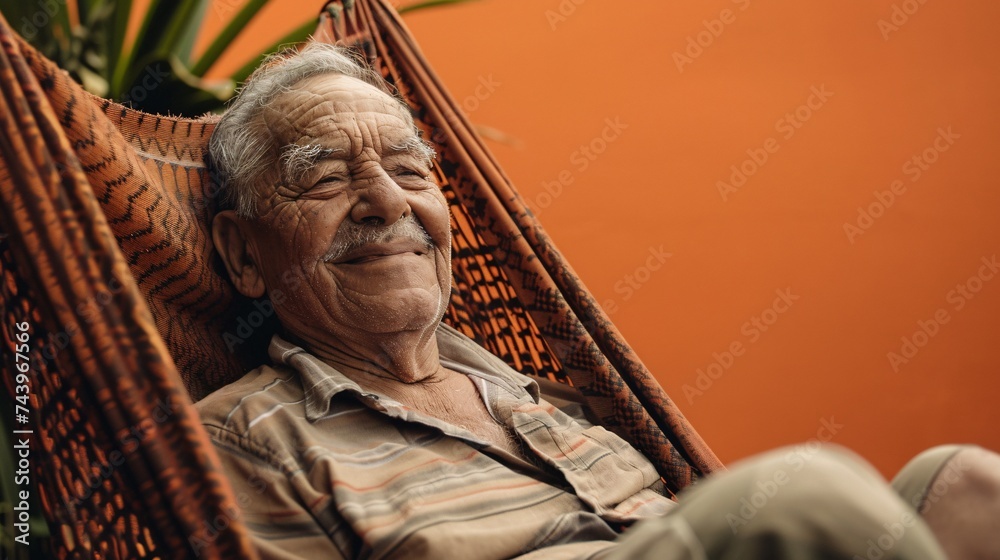Naklejka premium Elderly man smiling contentedly as he relaxes in a cozy hammock with a solid orange background