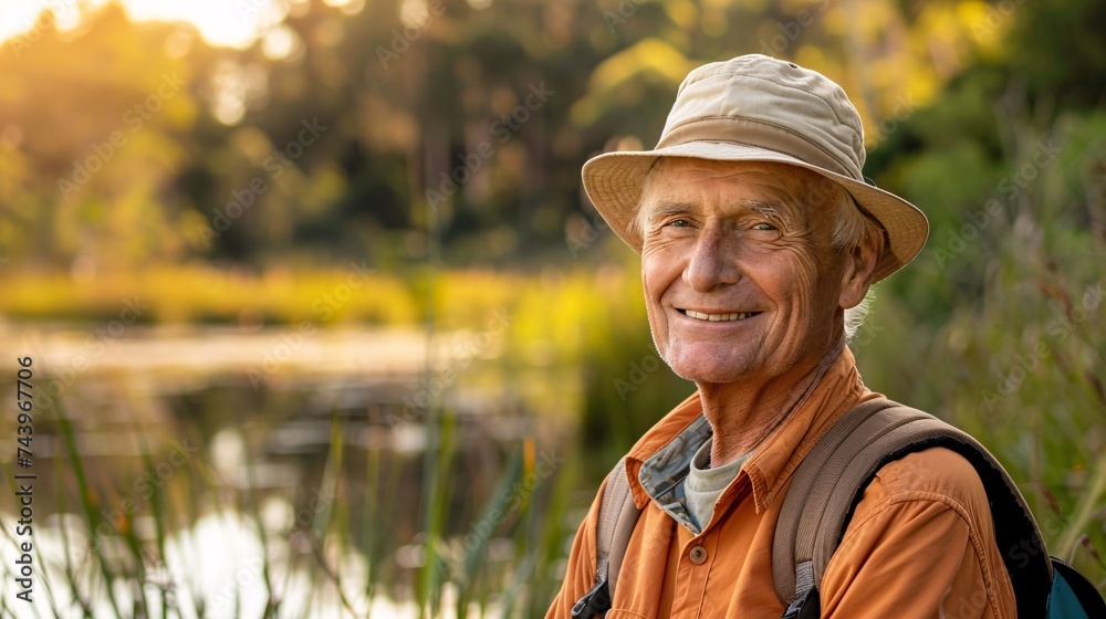 An elderly man smiling contentedly as he enjoys a peaceful morning of birdwatching An elderly man smiling contentedly as he enjoys a peaceful morning of birdwatching
