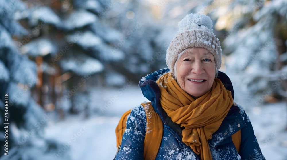 A smiling senior person enjoys a peaceful winter stroll through a snowy forest